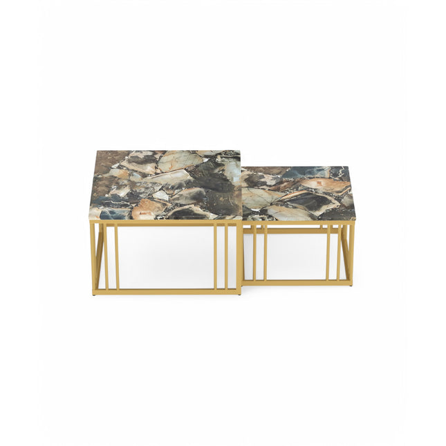 Ideo Artistic PVD Coated Rose Gold Luxury nesting table set of 2 with marble top