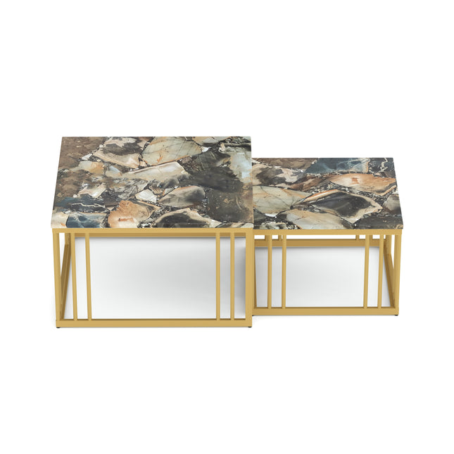 Ideo Artistic PVD Coated Rose Gold Luxury nesting table set of 2 with marble top