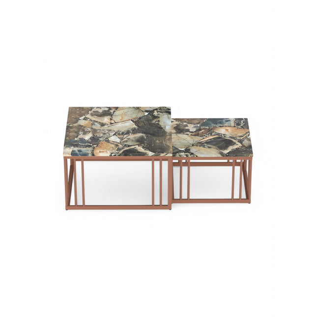 Ideo Artistic PVD Coated Rose Gold Luxury nesting table set of 2 with marble top