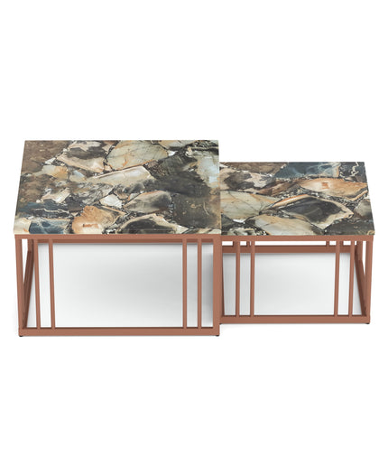 Ideo Artistic PVD Coated Rose Gold Luxury nesting table set of 2 with marble top