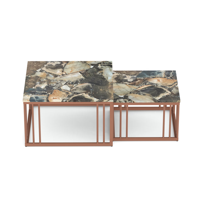Ideo Artistic PVD Coated Rose Gold Luxury nesting table set of 2 with marble top