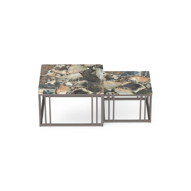 Ideo Artistic PVD Coated Rose Gold Luxury nesting table set of 2 with marble top