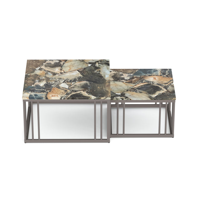 Ideo Artistic PVD Coated Rose Gold Luxury nesting table set of 2 with marble top