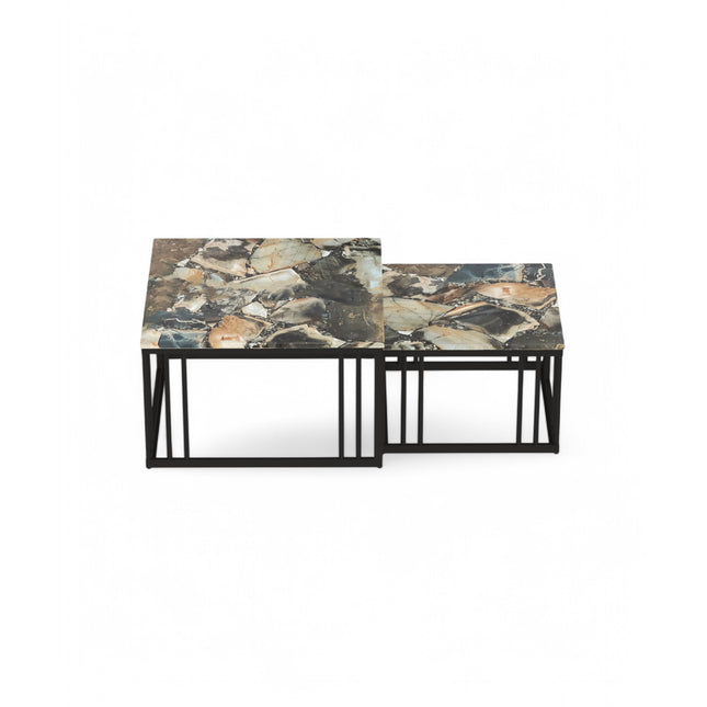 Ideo Artistic PVD Coated Rose Gold Luxury nesting table set of 2 with marble top