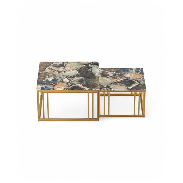 Ideo Artistic PVD Coated Rose Gold Luxury nesting table set of 2 with marble top