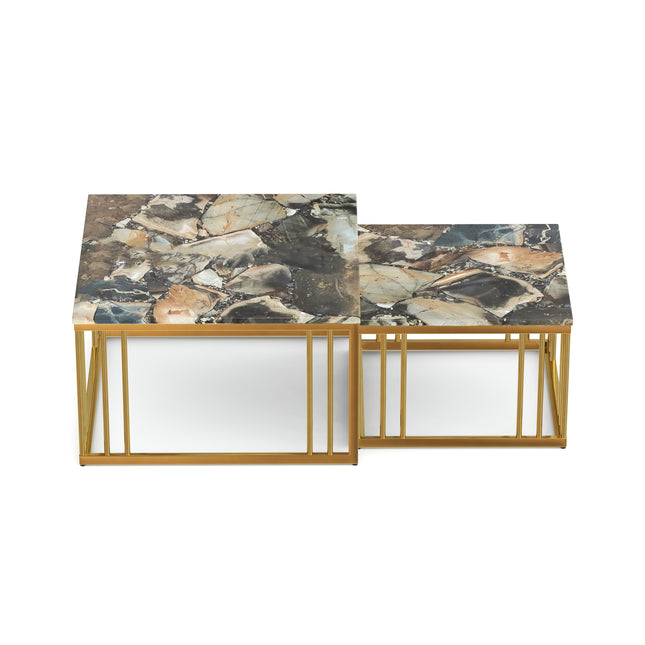 Ideo Artistic PVD Coated Rose Gold Luxury nesting table set of 2 with marble top