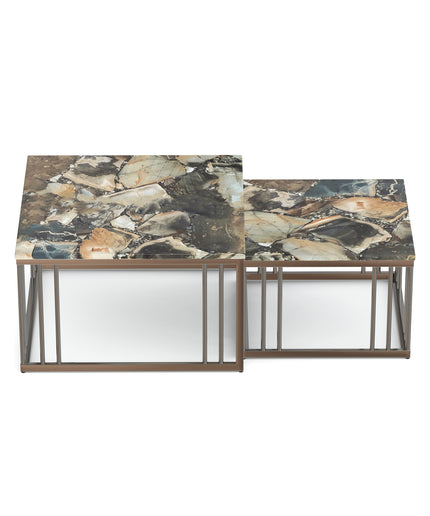 Ideo Artistic PVD Coated Rose Gold Luxury nesting table set of 2 with marble top