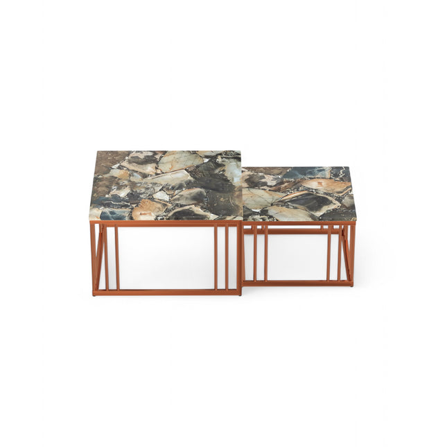 Ideo Artistic PVD Coated Rose Gold Luxury nesting table set of 2 with marble top