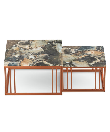Ideo Artistic PVD Coated Rose Gold Luxury nesting table set of 2 with marble top
