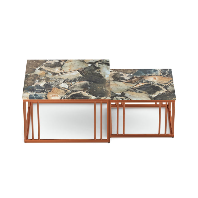 Ideo Artistic PVD Coated Rose Gold Luxury nesting table set of 2 with marble top