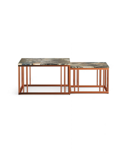 Ideo Artistic PVD Coated Rose Gold Luxury nesting table set of 2 with marble top