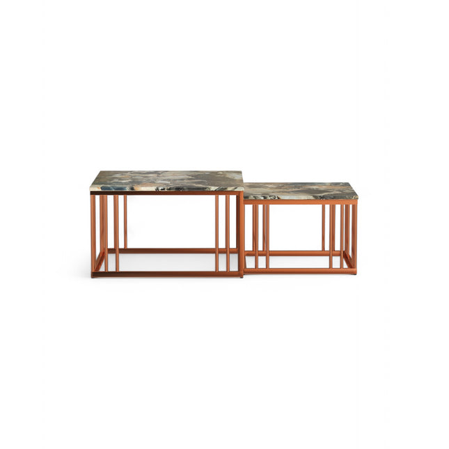 Ideo Artistic PVD Coated Rose Gold Luxury nesting table set of 2 with marble top